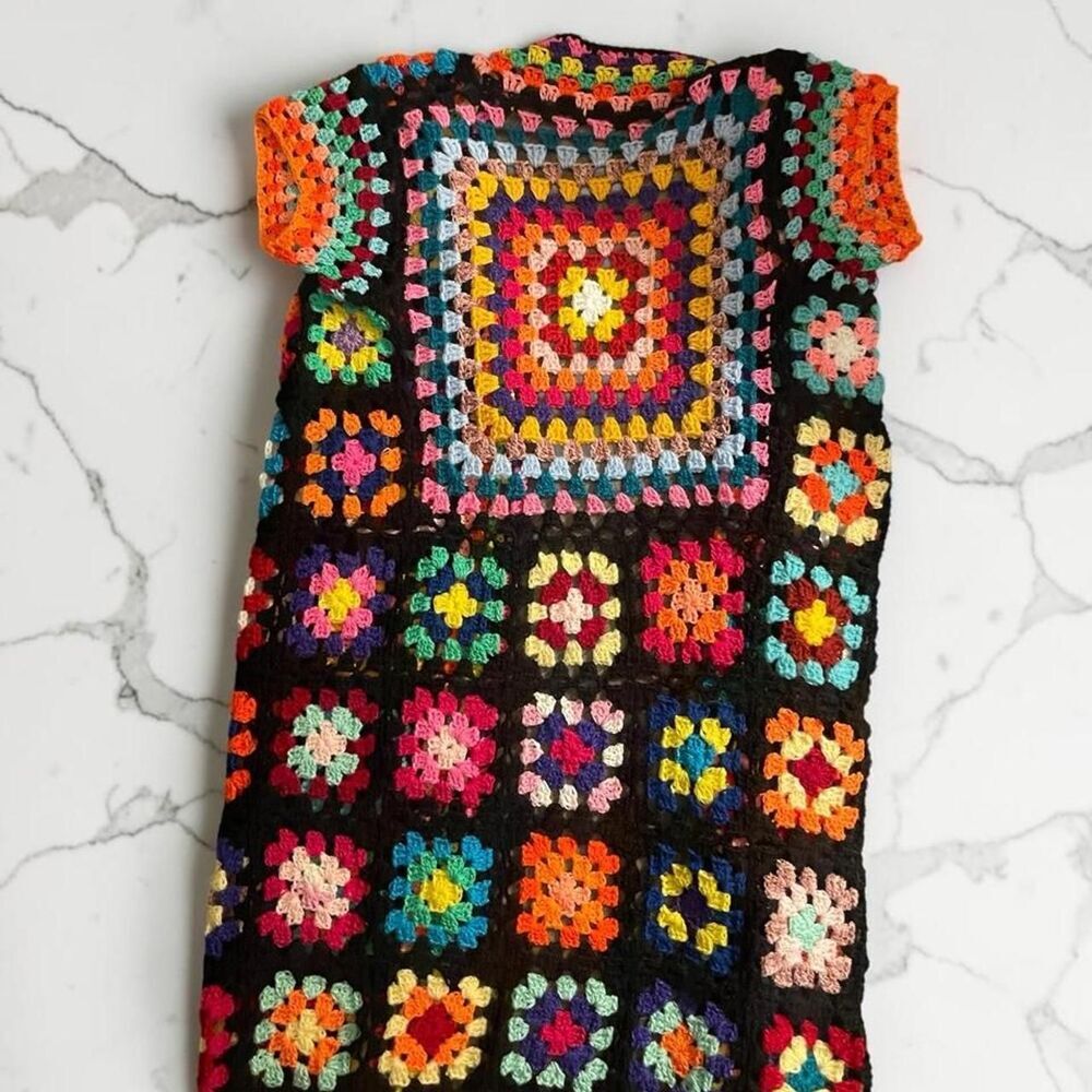 Multicolor Crochet Granny Square Duster Vest Boho Festival Longline Cardigan - Picture 4 of 7